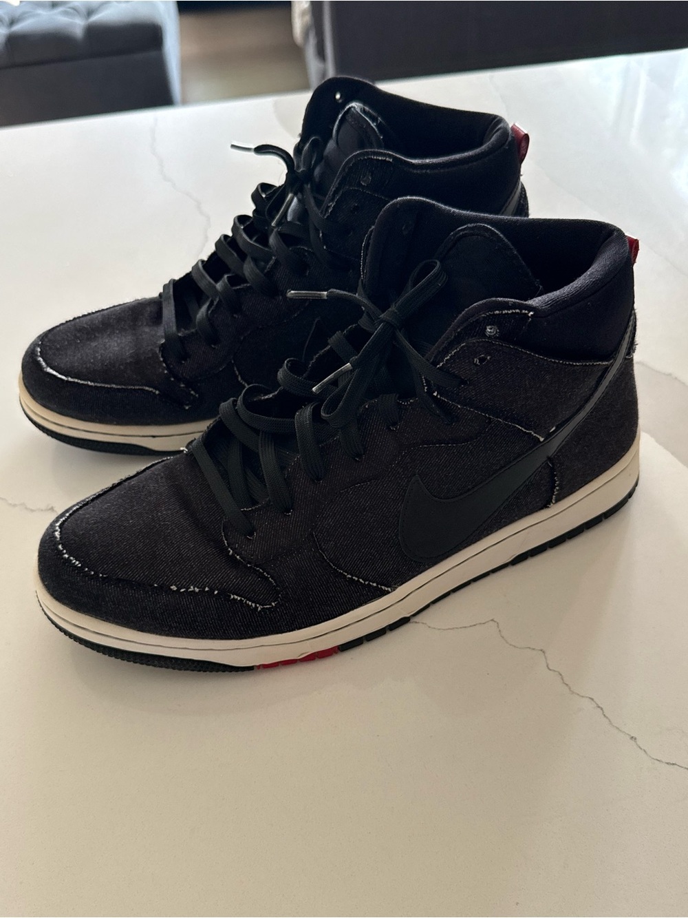 Nike Dunk High Comfort Black Denim Frayed Sneakers – Size 11 | Rare Find 🔥